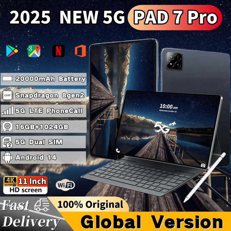 2025 NEW Original Pad 7 Pro  Android14 Snapdragon 8gen2 HD Tablet  16GB+1TB 20000mAh 5G Dual SIM Bluetooth WiFi GPS Tables PC