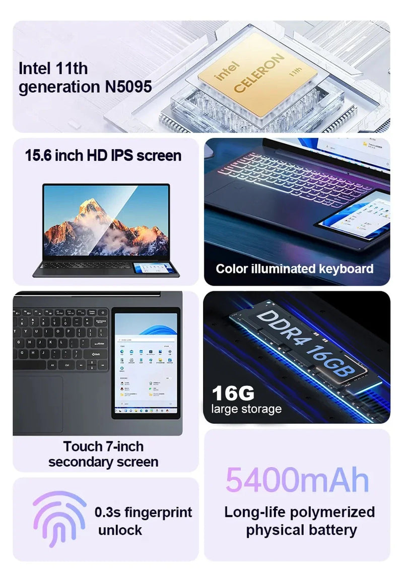 X15 Dual Screen Laptop 15.6" IPS+7" Touch Screen 16G DDR4 2TB SSD Intel 11th Gen N100 Windows11 Notebook Computer