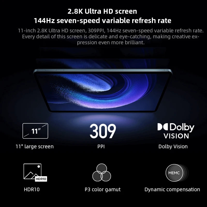 Xiaomi Mi Pad 6 Global ROM Snapdragon 870 Tablet 11" 2.8K 144Hz Screen MIUI 14 8840mAh 33W Fast Charging 13MP Rear Camera