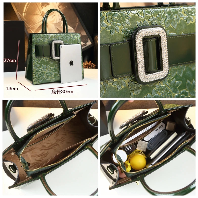 2023 Luxury Fashion Genuine Leather Women's BagNew Diamonds Lady Flowers Handbags Mom Portable Shoulder Messenger Bags Green