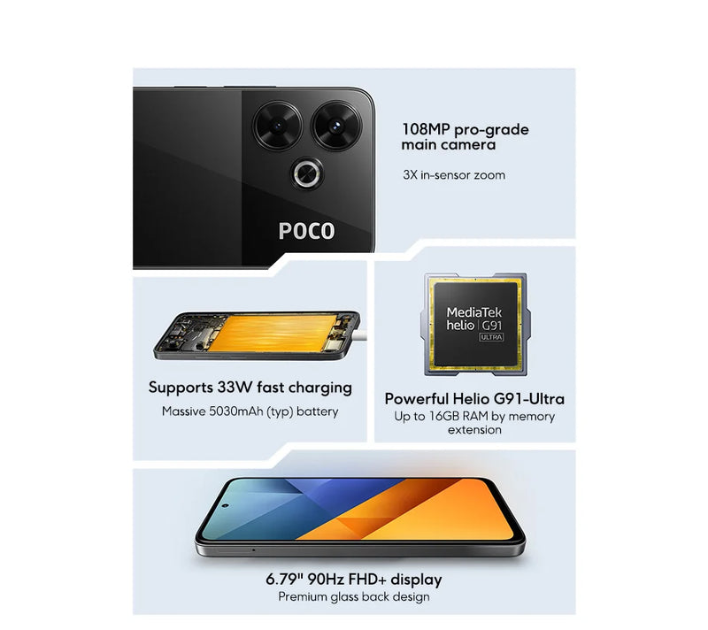 POCO M6 Global Version Smartphone MediaTek Helio G91 Ultra 6.79'' Display 90Hz 33W Fast Charging 5030mAh Battery 108MP NFC