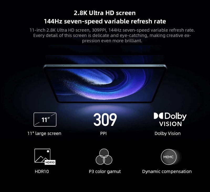 Xiaomi Mi Pad 6 Global ROM Snapdragon 870 Tablet 11" 2.8K 144Hz Screen MIUI 14 8840mAh 33W Fast Charging 13MP Rear Camera