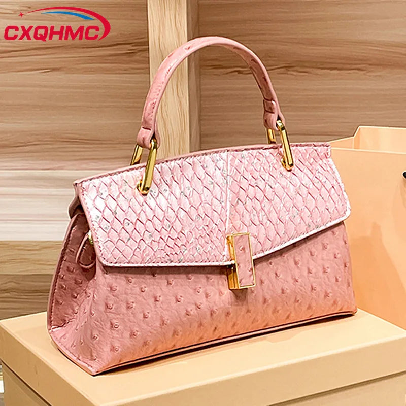 Ostrich-print Leather Women Handbags 2024 New Small Pink Shell Bag European And American Fashion Luxury Shoulder Crossbody Bags