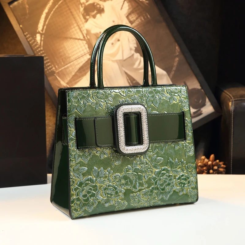 2023 Luxury Fashion Genuine Leather Women's BagNew Diamonds Lady Flowers Handbags Mom Portable Shoulder Messenger Bags Green