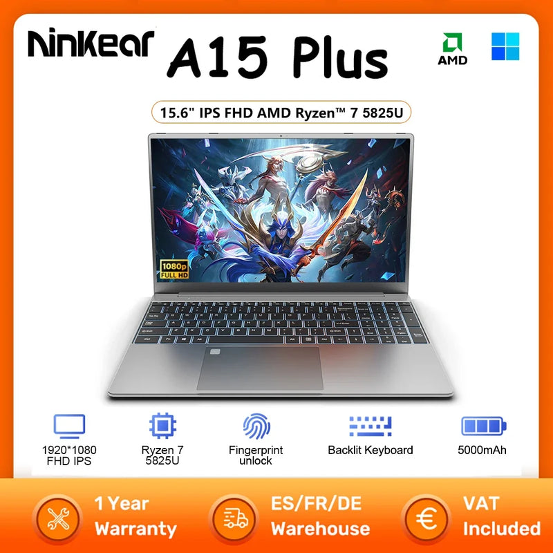 Ninkear A15 Plus Laptop 15.6" IPS FHD AMD Ryzen™ 7 5825U Notebook 32G DDR4 3200Mhz+1TB PCI-E 57WH Windows 11 Gaming Computer