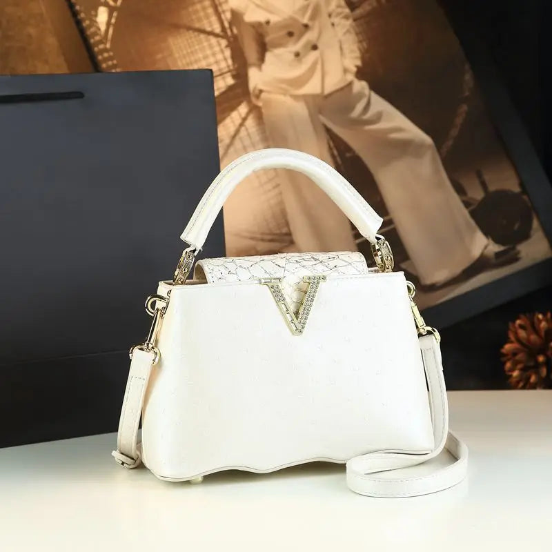 Fashion Ostrich Pattern Leather Women Handbags Diamonds V Letter Small Shoulder Crossbody Bag Girls Cute Portable Shell Bags