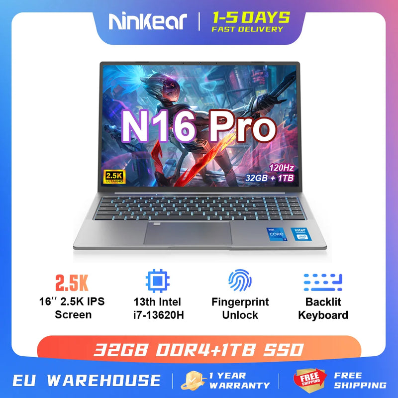 Ninkear Gaming Laptop N16 PRO 16-inch 13th Gen Intel i7-13620H 32GB DDR4+1TB SSD 2.5K IPS 120Hz Face Unlock WiFi6