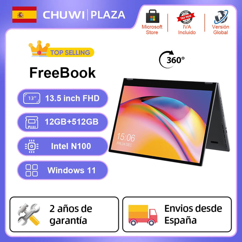 CHUWI FreeBook 360° Laptop Tablet 13.5 Inch FHD Touch Screen Windows 11 Intel N100 Quad Core 12GB LPDDR5 512G SSD WIFI6