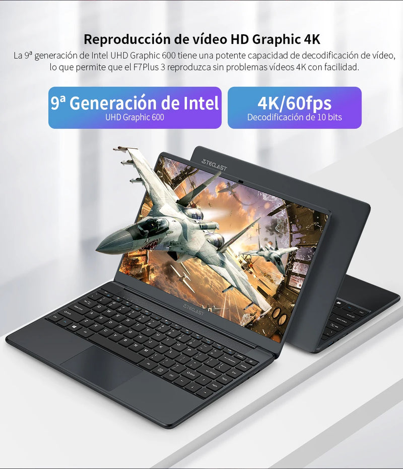 Teclast F7 Plus 3 laptop, 8th Gen. Gemini Lake Celeron CPU 8GB RAM 256GB SSD 4 core Windows 11 1920x1080 IPS dual band WiFi USB 3.0 14,1 inch 38000mWh