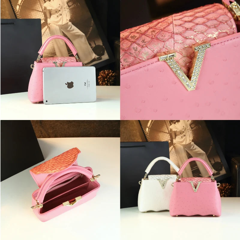 Fashion Ostrich Pattern Leather Women Handbags Diamonds V Letter Small Shoulder Crossbody Bag Girls Cute Portable Shell Bags