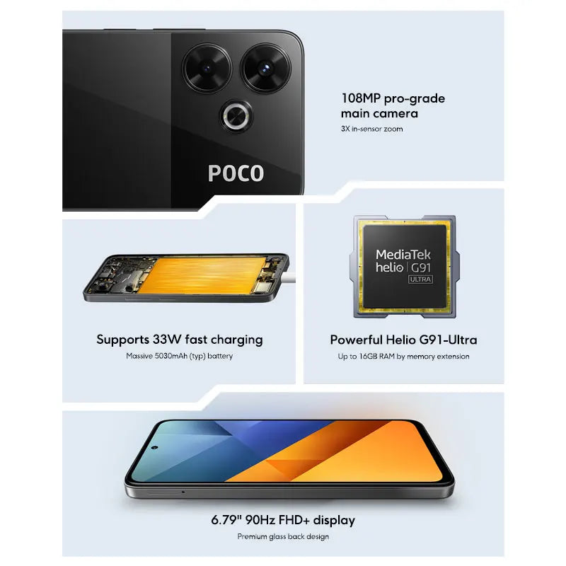 POCO M6 Global Version Smartphone MediaTek Helio G91 Ultra 6.79'' Display 90Hz 33W Fast Charging 5030mAh Battery 108MP NFC