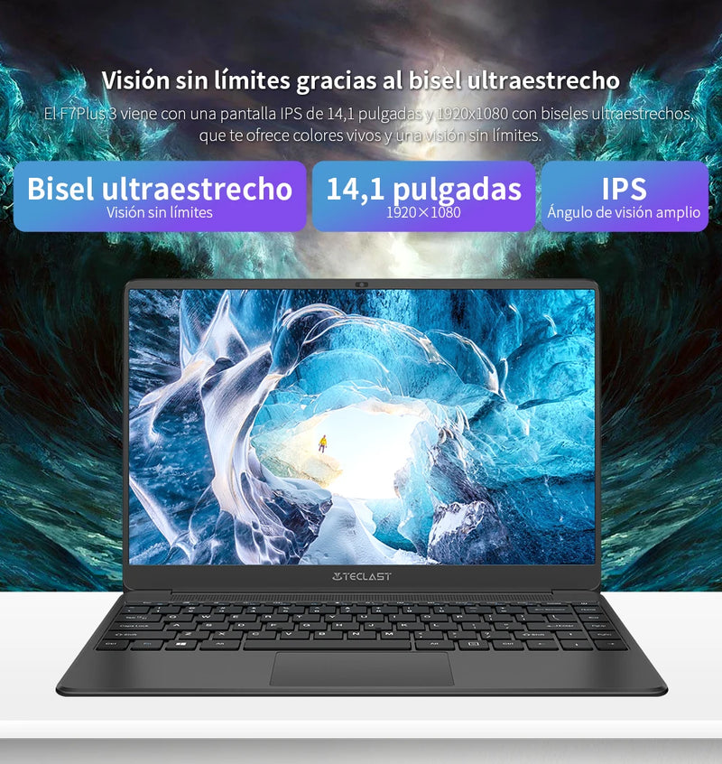 Teclast F7 Plus 3 laptop, 8th Gen. Gemini Lake Celeron CPU 8GB RAM 256GB SSD 4 core Windows 11 1920x1080 IPS dual band WiFi USB 3.0 14,1 inch 38000mWh