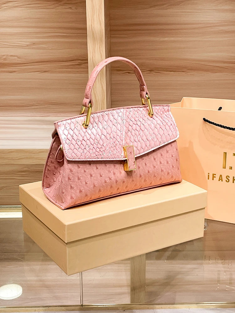 Ostrich-print Leather Women Handbags 2024 New Small Pink Shell Bag European And American Fashion Luxury Shoulder Crossbody Bags