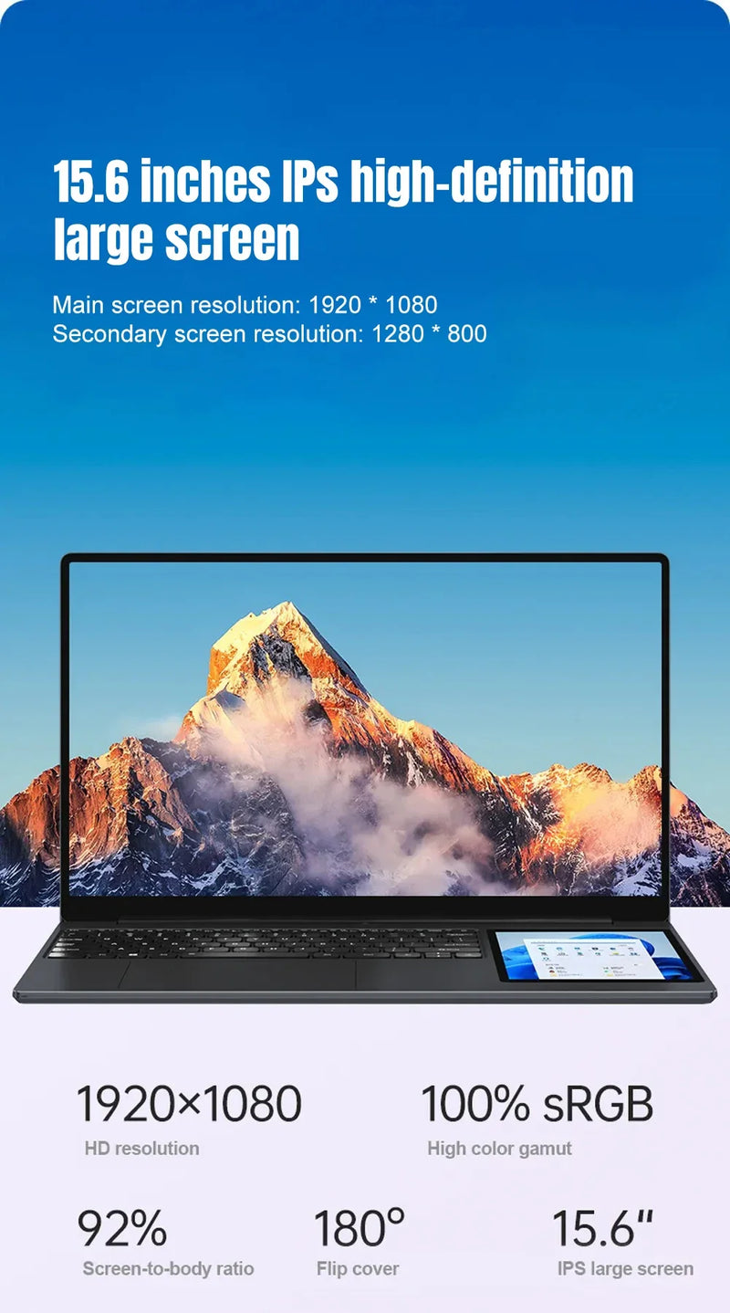 X15 Dual Screen Laptop 15.6" IPS+7" Touch Screen 16G DDR4 2TB SSD Intel 11th Gen N100 Windows11 Notebook Computer