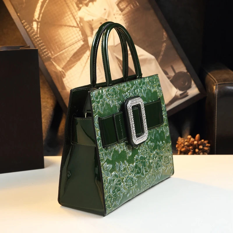 2023 Luxury Fashion Genuine Leather Women's BagNew Diamonds Lady Flowers Handbags Mom Portable Shoulder Messenger Bags Green