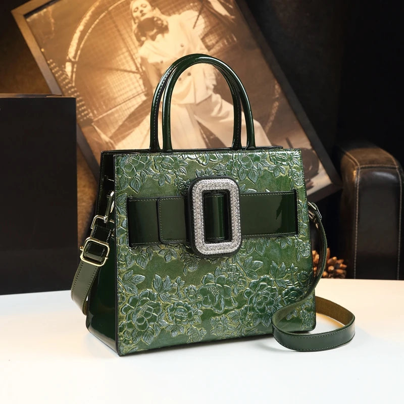 2023 Luxury Fashion Genuine Leather Women's BagNew Diamonds Lady Flowers Handbags Mom Portable Shoulder Messenger Bags Green