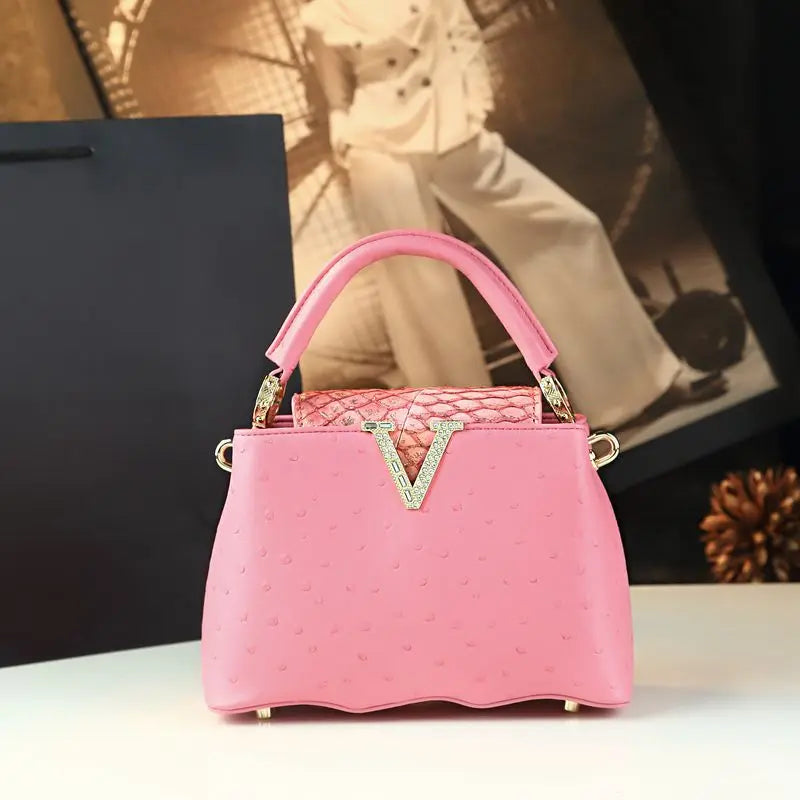 Fashion Ostrich Pattern Leather Women Handbags Diamonds V Letter Small Shoulder Crossbody Bag Girls Cute Portable Shell Bags