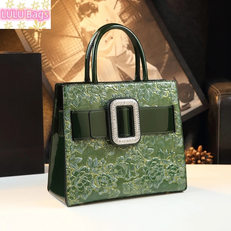 2023 Luxury Fashion Genuine Leather Women's BagNew Diamonds Lady Flowers Handbags Mom Portable Shoulder Messenger Bags Green