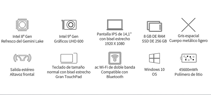 Teclast F7 Plus 3 laptop, 8th Gen. Gemini Lake Celeron CPU 8GB RAM 256GB SSD 4 core Windows 11 1920x1080 IPS dual band WiFi USB 3.0 14,1 inch 38000mWh