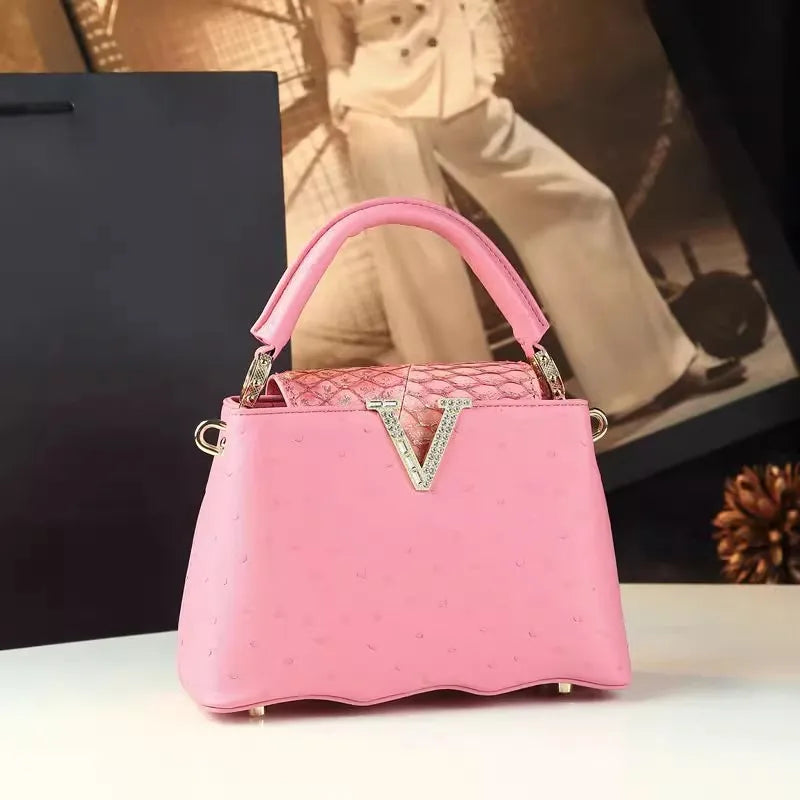 Fashion Ostrich Pattern Leather Women Handbags Diamonds V Letter Small Shoulder Crossbody Bag Girls Cute Portable Shell Bags