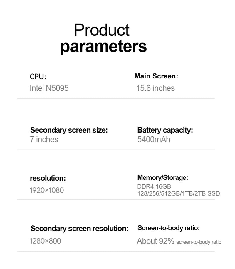 X15 Dual Screen Laptop 15.6" IPS+7" Touch Screen 16G DDR4 2TB SSD Intel 11th Gen N100 Windows11 Notebook Computer