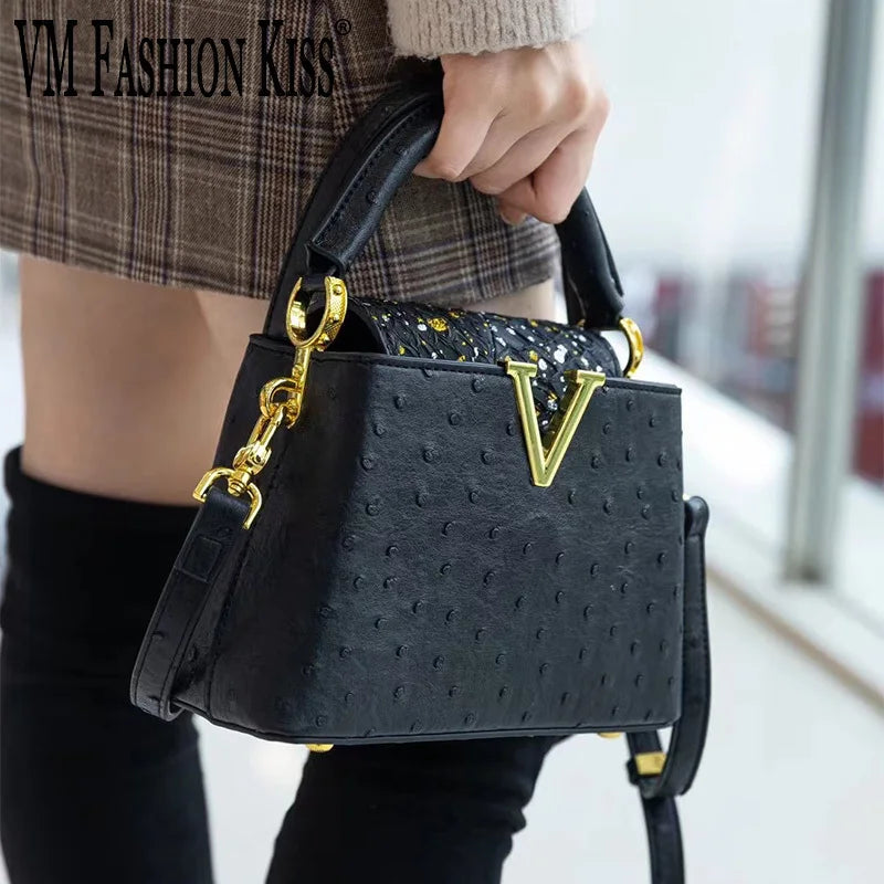 Ostrich Print Women Handbag Luxury Designer High Quality Leather Handbag For Women Girls Fashion Single Shoulder Crossbody Bag