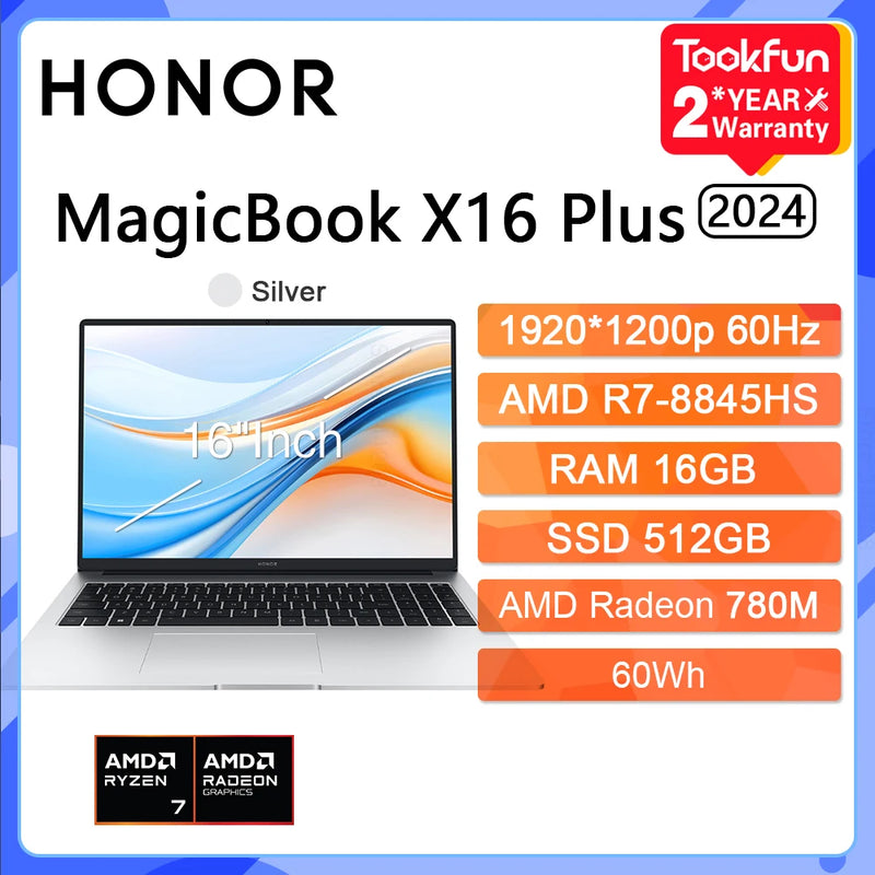 HONOR MagicBook X16 Plus 2024 Laptop AMD Ryzen R7 8845HS 16GB 32GB 512GB 1TB 16" Inch 2.5K 120Hz Notebook Ultrabook Computer PC