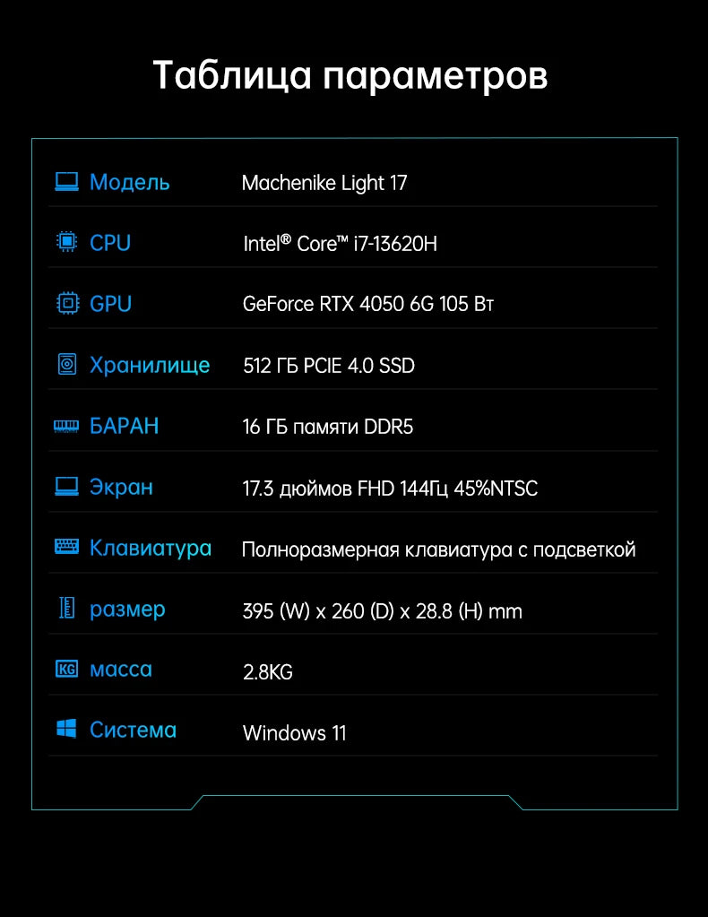 Pre Sale Machenike Gaming Laptop Light 17 i7-13620H RTX4050 105W 17.3'' 144Hz FHD 16G DDR5 512G SSD WiFi 6 Russian Keyboard